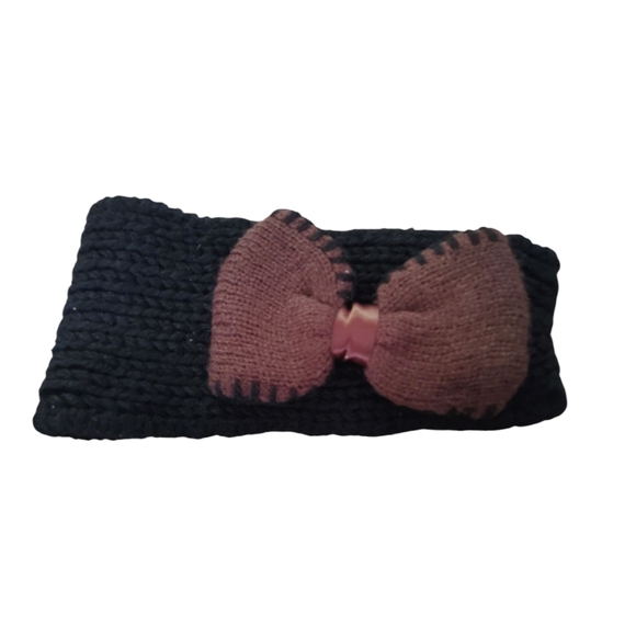 Accessories - Black Crochet Knitted Headband Ear Warmers Brown Bow